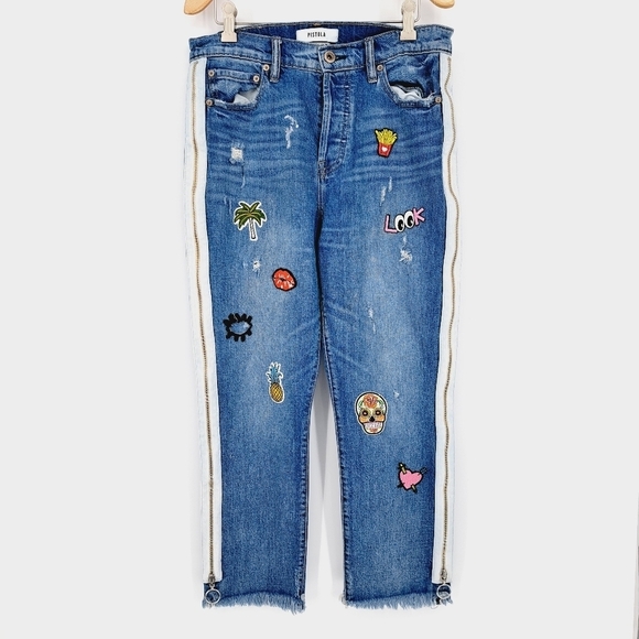 Pistola Hi‎ Rise Charlie Zipper Side Detail Custom Patch Jeans Size 29 - Picture 1 of 8